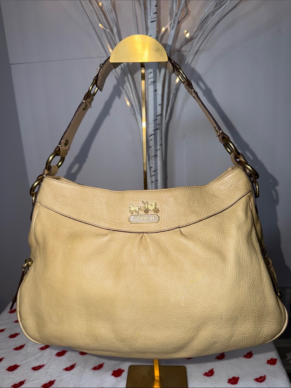 Coach Madison satchel gold/tan pebble leather side zippers, purpleish inside GUC